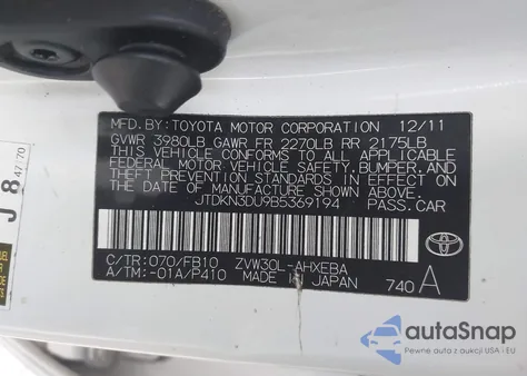 2011 Toyota Prius Two from USA, damaged, VIN JTDKN3DU9B5369194